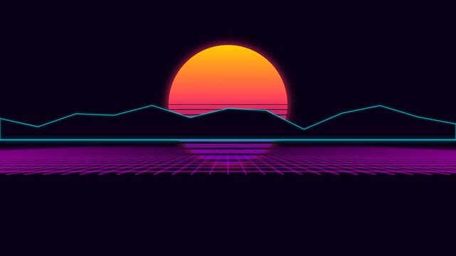 Retrowave sun glows over glowing blue neon mountains in this synthwave digital motion animation clip of a virtual landscape