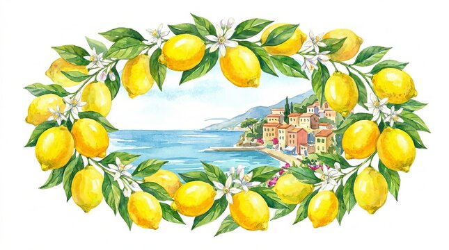 A beautiful watercolor painting depicts a lush lemon wreath surrounding a picturesque coastal italian town and the bright blue sea below