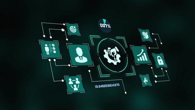 Business process optimization concept with hand adjusting gear, connected digital network, analytics, security, teamwork and operational management.