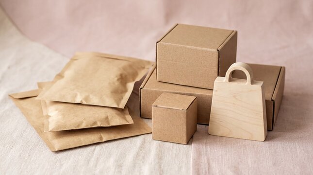 sustainable packaging design, eco-friendly shipping boxes and a wooden shopping bag icon on pastel colors