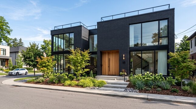 現代的でスタイリッシュな黒い外壁のモダン住宅、ミニマリストデザインの高級一戸建て、都市景観に映える建築物、不動産や住宅関連のプロジェクトに最適なイメージ