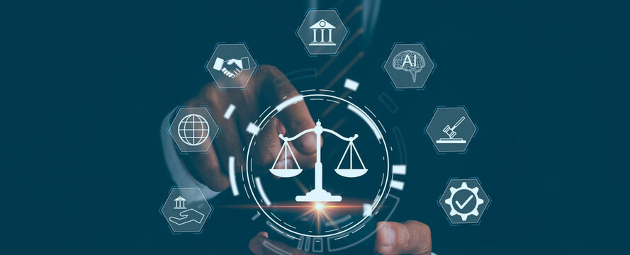 Hand taps glowing digital scales, symbolizing law and balance. Fingers hover over floating icons: justice, AI, finance, and more. Technology meets tradition as futuristic interface glows softly