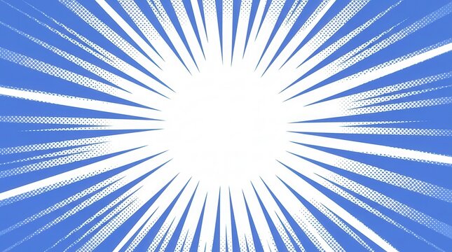 Comic style abstract background with blue radial rays and halftone effects for design templates.