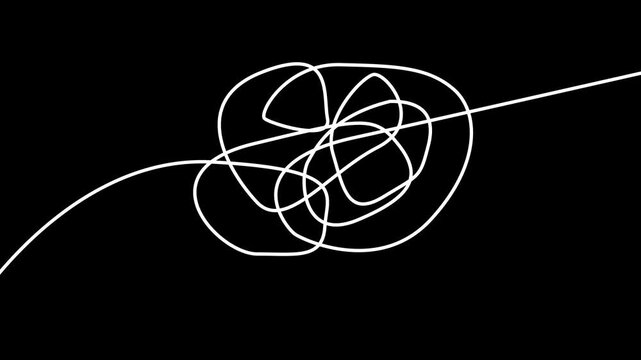Animated white line untangling complex scribble on black background: problem solving and clarity concept 4k Stock video.