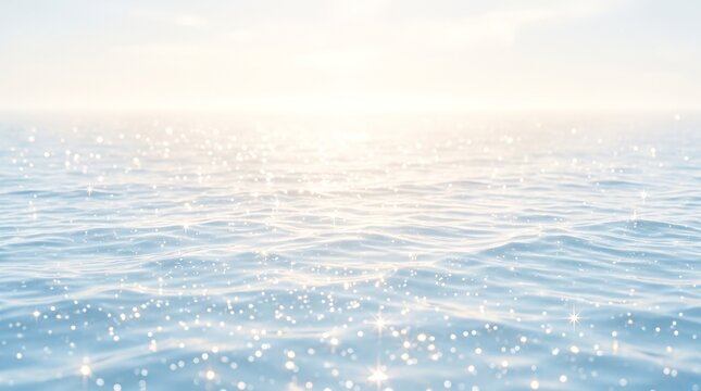 輝く水面と広がる青い海、太陽の光が反射する穏やかな水辺の風景、夏のバケーションやリフレッシュメントに最適な背景素材