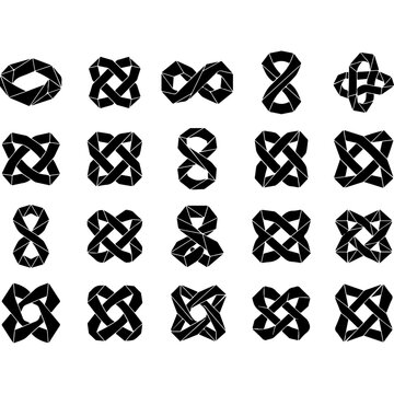 Geometric infinity knots set, 20 black abstract mobius loop icons, celtic knotwork vector symbols for branding and logo design