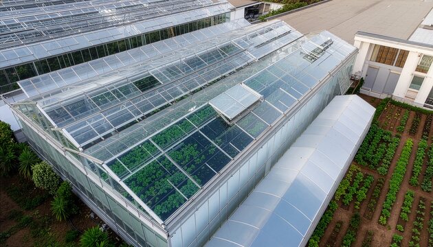 High-angle view of a modern glass greenhouse for plant cultivation