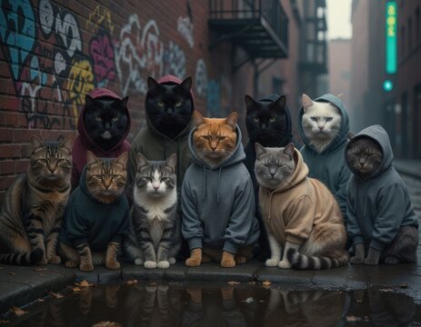group of cats wearing hoodies posing in urban alleyway