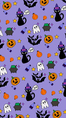 Fototapeta premium Halloween seamless pattern purple background witch cat ghost pumpkin vertical. Mobile wallpapers, social media stories, gift wrap, and fabric prints.