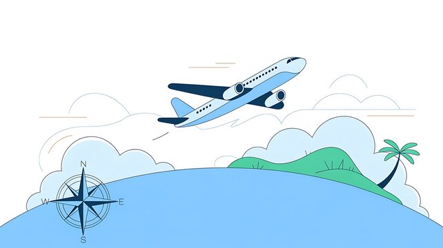 Minimalist Digital Illustration of a Commercial Airplane Flying Over a Tropical Island and Navigation Compass