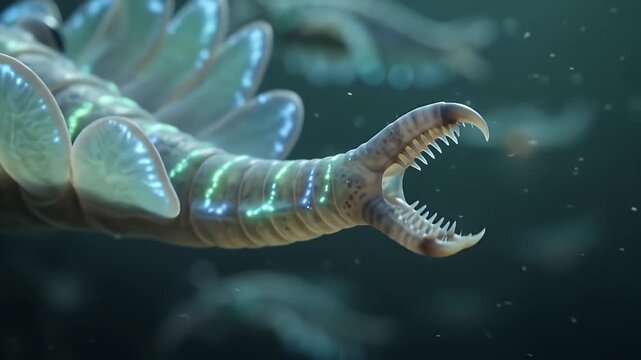 Ancient marine arthropod anomalocaris swims in prehistoric ocean depths with bioluminescent details