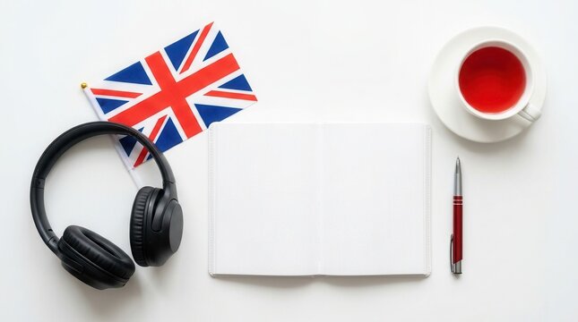 British flag, headphones, and notepad on white background for English language audio courses educational concept