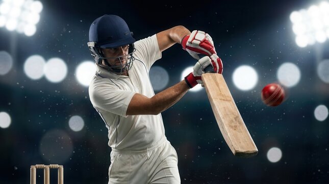 Front view close-up of a cricket player in an action shot hitting the ball.