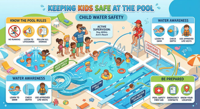 Child Water Safety and Swimming Pool Rules Educational Infographic