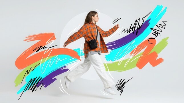 Creative art collage illustrating the energy of fashion and self-expression as a young woman wears casual street style clothes.