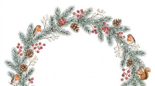 A beautiful watercolor frame featuring a delightful composition of forest mushrooms pine branches and various autumnal elements on a clean white background
