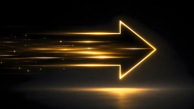 Glowing yellow neon arrow moving fast towards the right with light trails and sparks on a dark background, symbolizing forward motion, speed, and future progress.
