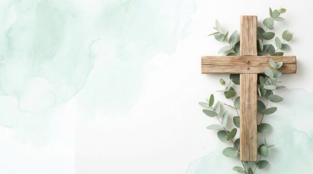 Cross and greenery themed invitation for celebrating religious events like Easter, baptism or christening.