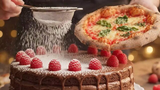Close-up of a baker dusting powdered sugar over a layered cake with fresh raspberries