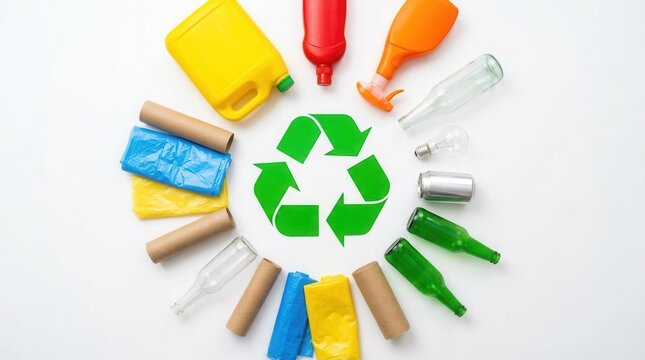 A table background with a recycling symbol and various waste materials for an eco concept