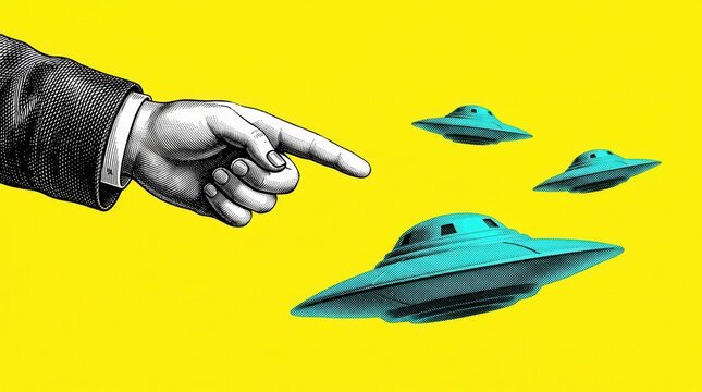 Abstract art and imagination depicted in a y2k style collage of a male hand pointing at a ufo