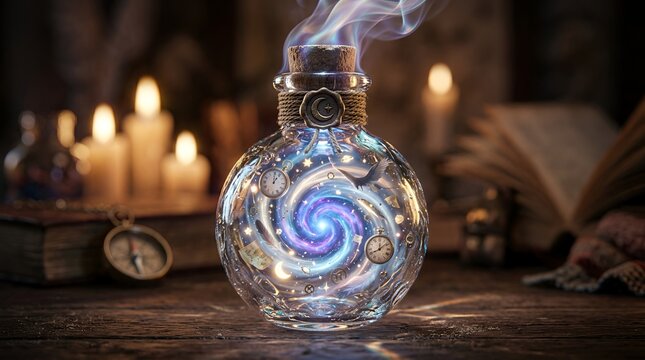 Glowing magic potion bottle with swirling galaxy and clock
