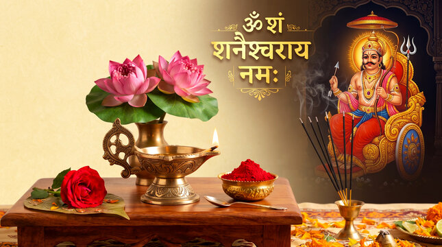 Hindu god Shani dev, god of karma and justice, Saturn part of Navagraha mythology, with Hindi text 'om sham Shanishvaray namah' mantra, means bow to you or salutation, Shani Jayanti puja concept