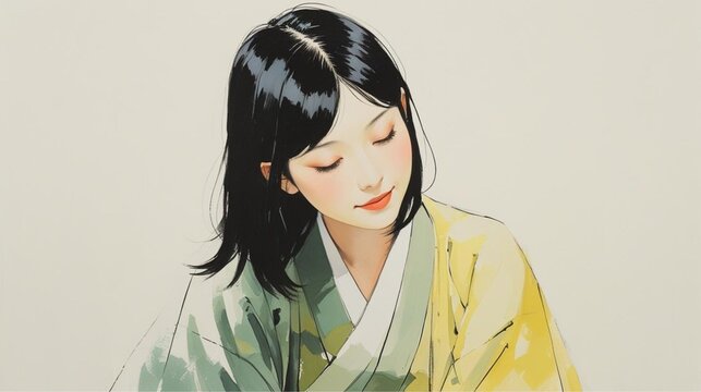 黄色と緑の水墨画風和装美女