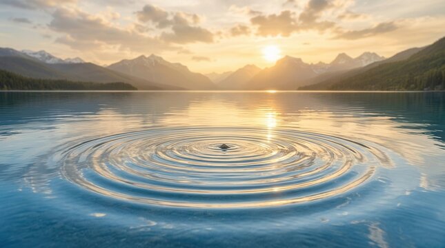 Tranquil lake at sunset with distant mountains and stone skipping waves, creating a peaceful, serene nature landscape.
