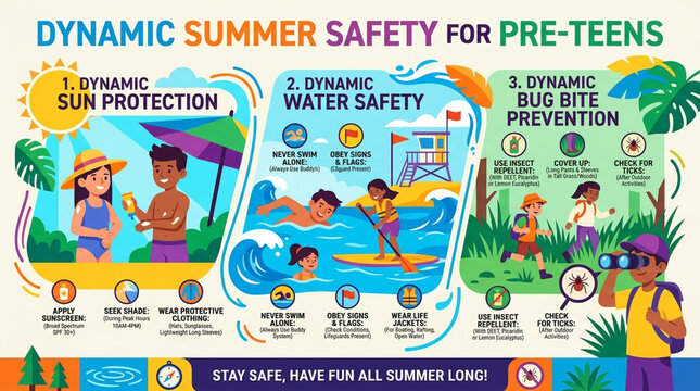Educational Summer Safety Infographic for Pre-Teens featuring Sun Protection Water Safety and Insect Prevention Tips
