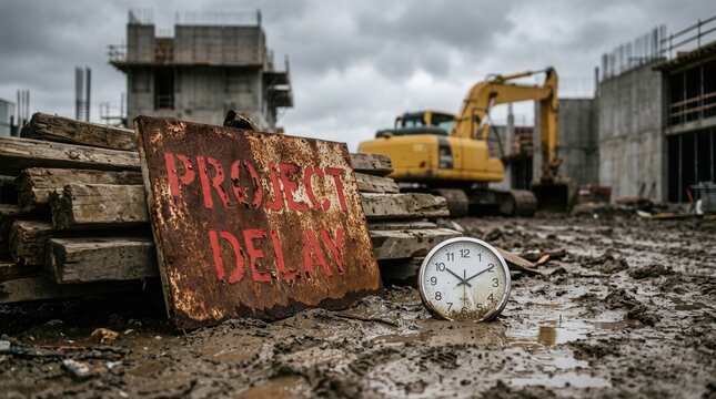 Excavator and materials at a muddy construction site with a clock and project delay sign signifying a schedule setback