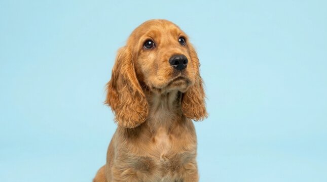 Action and motion concept featuring a playful brown English cocker spaniel young dog sitting isolated on a blue background.