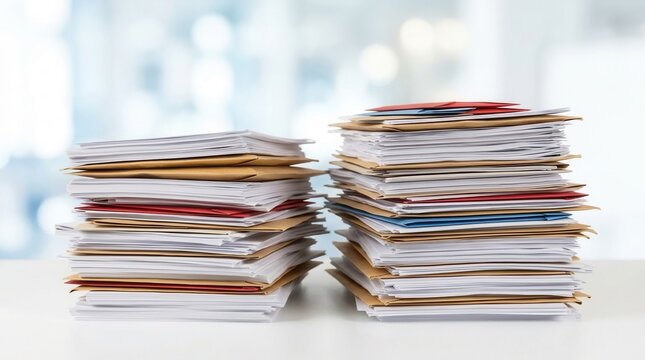 Unorganized volume of mail and files in stacked papers, symbolizing financial stress and heavy administrative tasks.