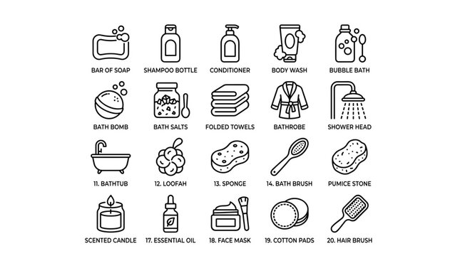Bath and personal care products line icons including soap shampoo conditioner body wash bubble bath bath bomb bath salts folded towels bathrobe shower head and bathtub graphics.