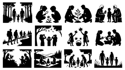 Fototapeta premium Collection of black and white silhouettes depicting families engaging in nature activities, gardening, hiking, and learning about the environment