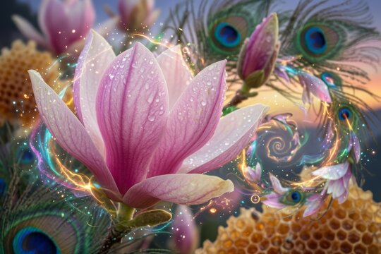Magnolia in fiore con piume di pavone e alveare in un'atmosfera magica ed eterea