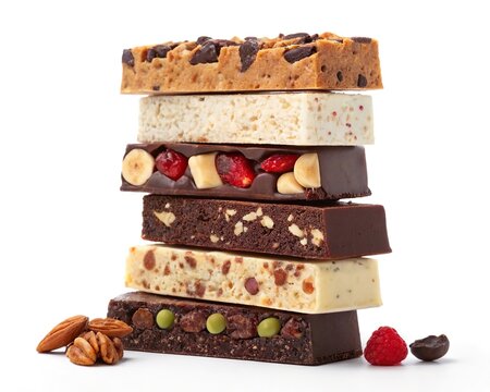 Stack of assorted chocolate bars with nuts, fruit and seeds isolated on white background, with almonds and raspberries beside it. Ideal for dessert, snack and gourmet food themes.