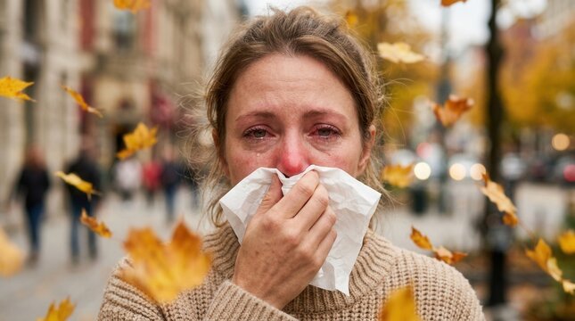 Autumn allergies causing red eyes and runny nose for a woman blowing nose with tissue in the city