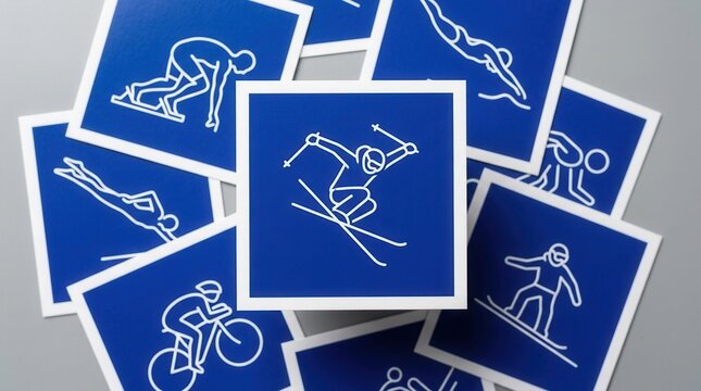 Milano and Cortina Winter Olympics Game 2026 blue freestyle skiing pictogram surrounded by various sport pictograms