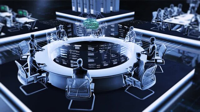 High tech holographic roundtable conference, a business team sits around a circular command table, with a holographic AI brain and data interface floating above, set in a futuristic digital workspace