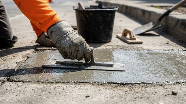 A sidewalk wet concrete patch being smoothed by a construction worker with a trowel