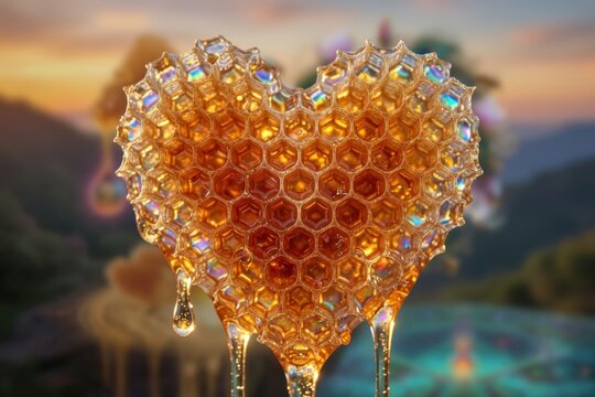 Favo di miele a forma di cuore con miele che cola, simbolo di amore e natura