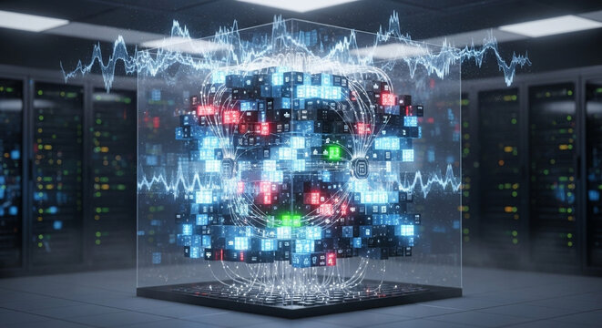 A glowing holographic cube structure pulsates with active energy inside a high capacity server farm room where complex digital algorithms process vast quantities of information for enterprise