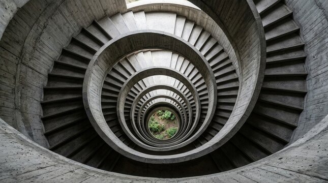 A concrete spiral staircase ascending downwards, featuring an abstract architectural design and geometric pattern