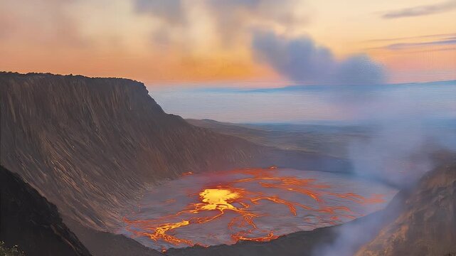 Volcanic caldera with molten lava, smoky horizon, and orange-tinted sky