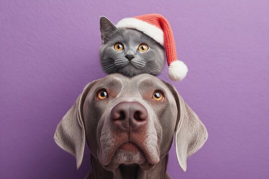 playful dog and cat with festive hat