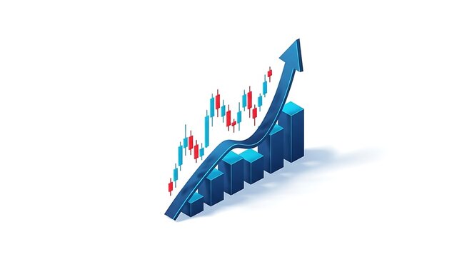 3D isometric business bar graph with upward trending financial candlestick chart for market analysis investment business economic analysis corporate isometric statistics currency