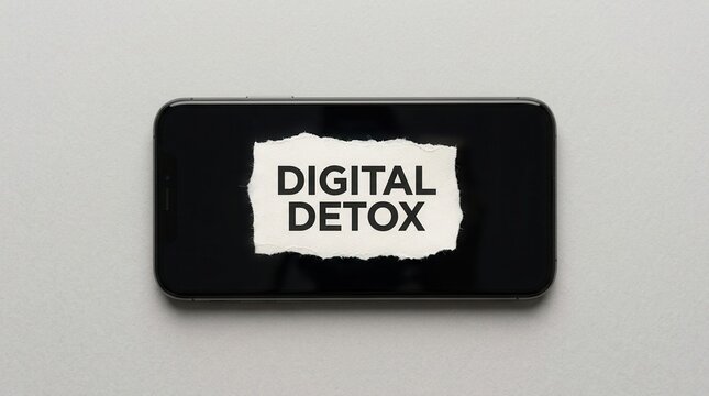 A smartphone screen with torn paper featuring digital detox text, symbolizing a disconnect from technology and social media