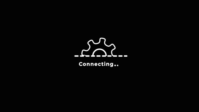 Connecting gear icon animation on black background, system connection progress indicator, technology network setup.