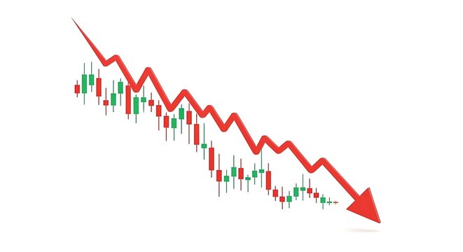 Red downward trending arrow over fluctuating stock market candlestick chart illustrating a financial market decline or crash with downward candlestick investment financial business